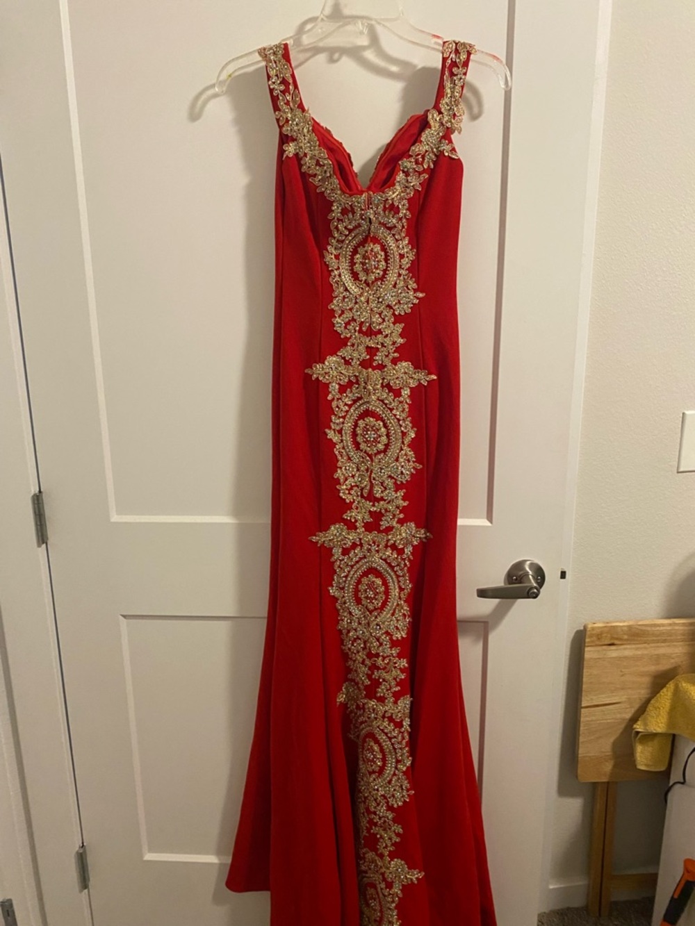 Red Embellished Evening Gown - Elegant Beaded Detail